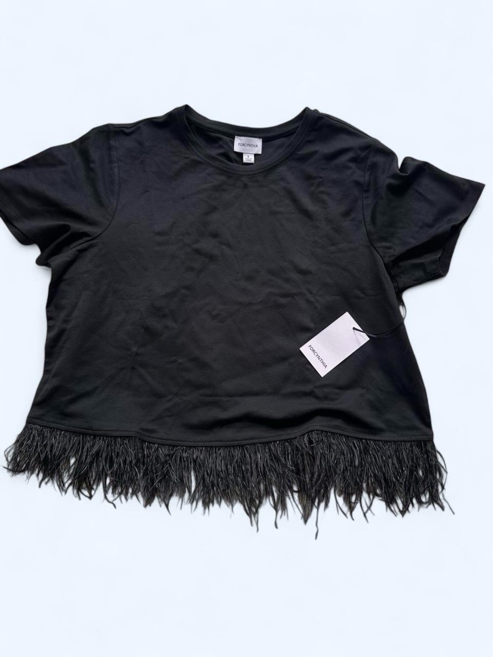 For Cynthia Black Short Sleeve Tee with Fringe Hem